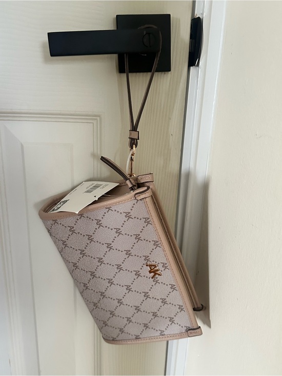 Michael Kors Handbags - Michael Kors Pink-Beige Signature Logo Wristlet Clutch